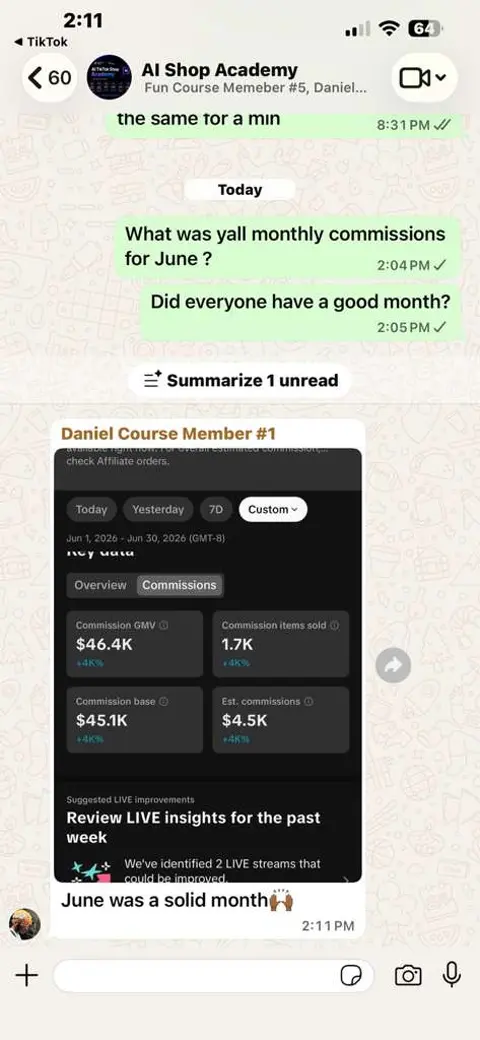 WhatsApp group chat sharing a TikTok Shop commissions dashboard for June