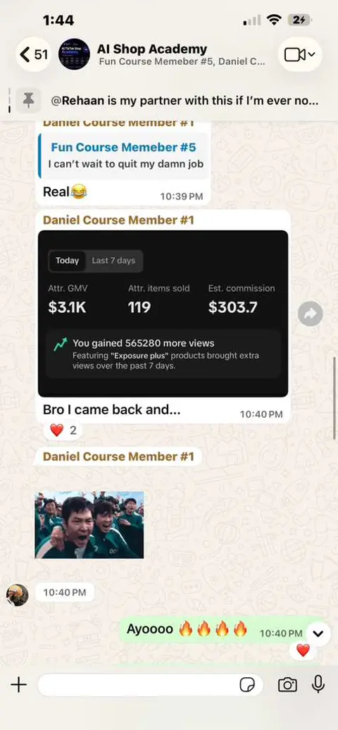 WhatsApp chat reacting to a $3.1K GMV commission dashboard: "I can't wait to quit my damn job"