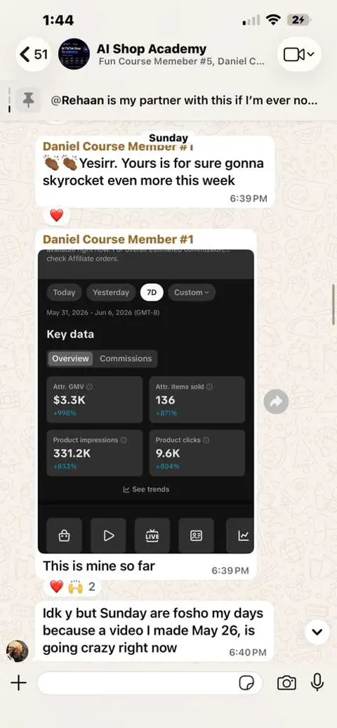 WhatsApp chat sharing a $3.3K GMV week with 331.2K product impressions