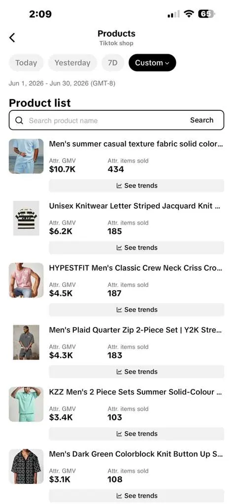 TikTok Shop product list with attributed GMV for June, topping $10.7K